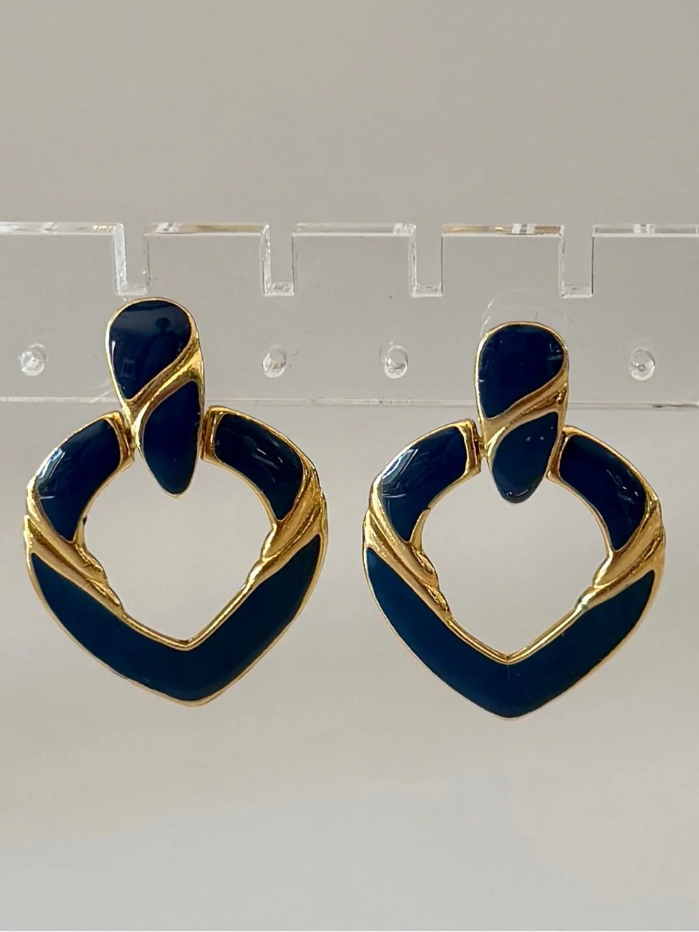 Vintage Gold and Navy Enamel Heart Drop Earrings - Women Jewelry